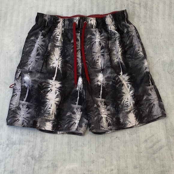 Docker's Mesh Lined Swim Shorts Grayscale Palm Tree Print Thigh Pocket Sz Large - Picture 1 of 7